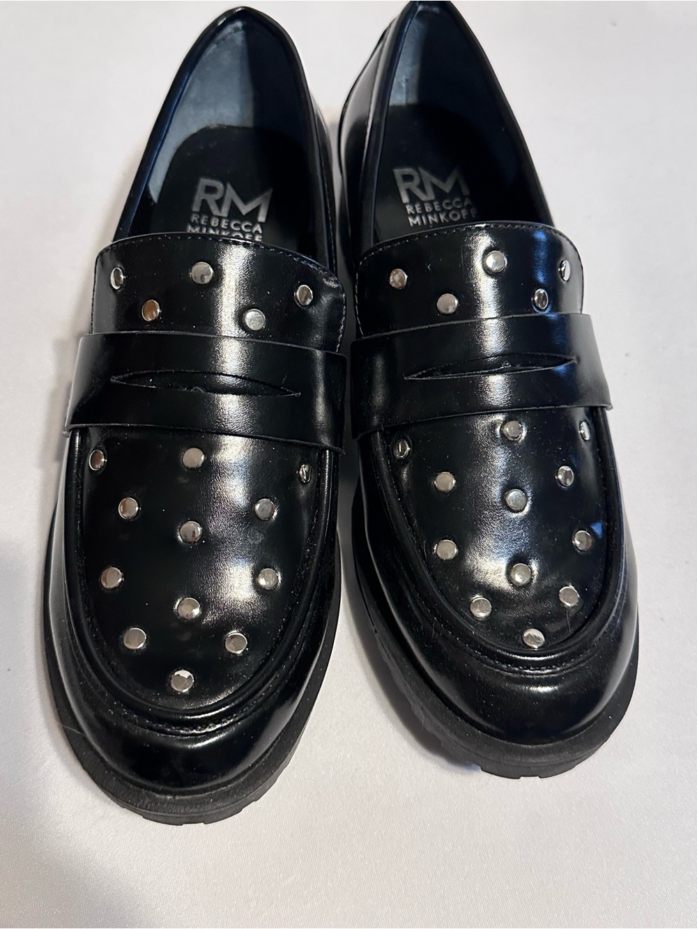 Rebecca Minkoff Black Studded Penny Loafers with Silver Accents